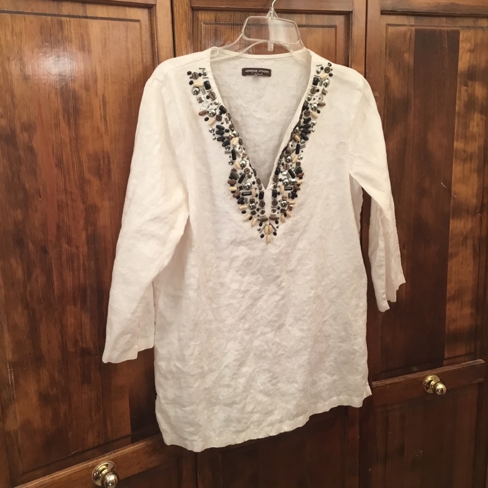 Adrienne Vittadini linen blouse with bead embellishments, size 8